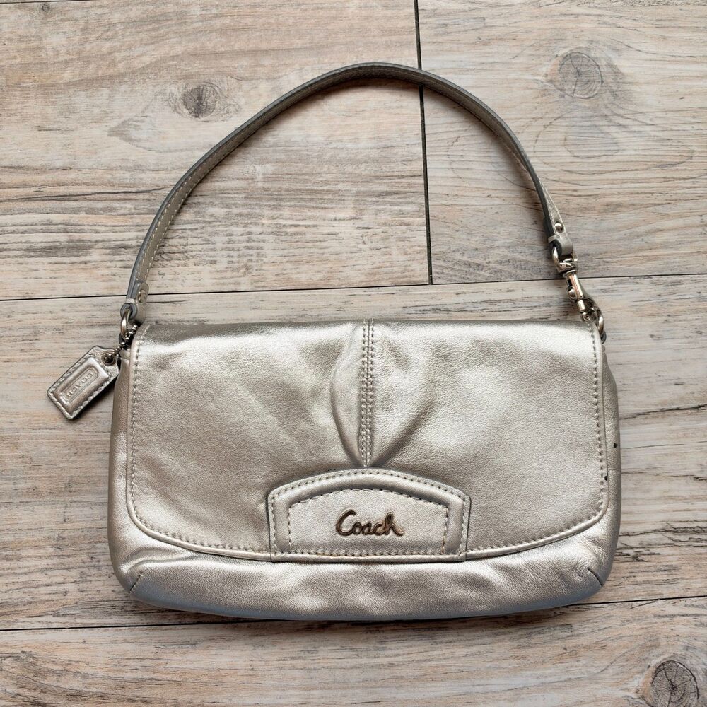 Coach Ashley Pleated Silver Metallic Leather Mini Shoulder Bag Wristlet Y2K Pink